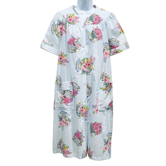 VTG Fundamentals House Coat Dress Robe Tea Cup Floral Granny Cottage Blue Size M - Picture 1 of 11